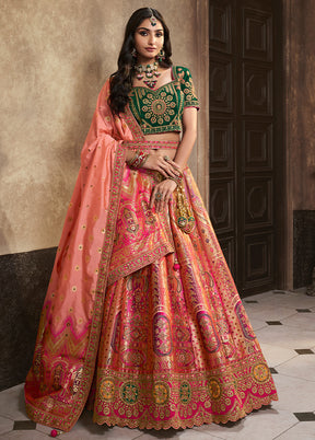 3 Pc Peach Silk Semi Stitched Lehenga Set