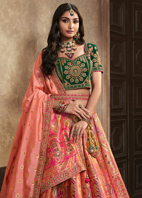 3 Pc Peach Silk Semi Stitched Lehenga Set