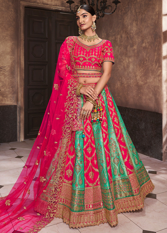 3 Pc Pink Silk Semi Stitched Lehenga Set