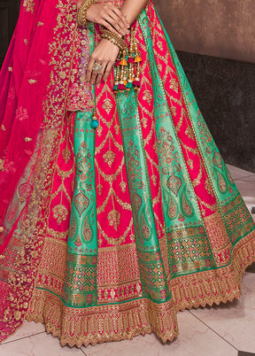 3 Pc Pink Silk Semi Stitched Lehenga Set