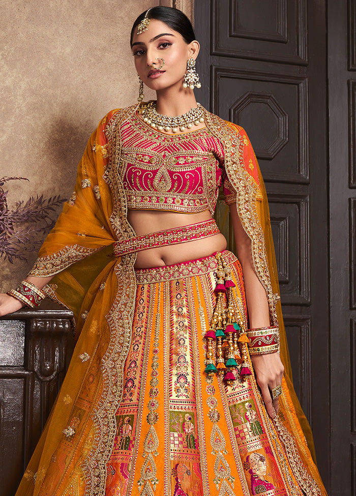 3 Pc Yellow Silk Semi Stitched Lehenga Set