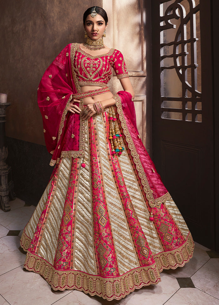 3 Pc White Silk Semi Stitched Lehenga Set