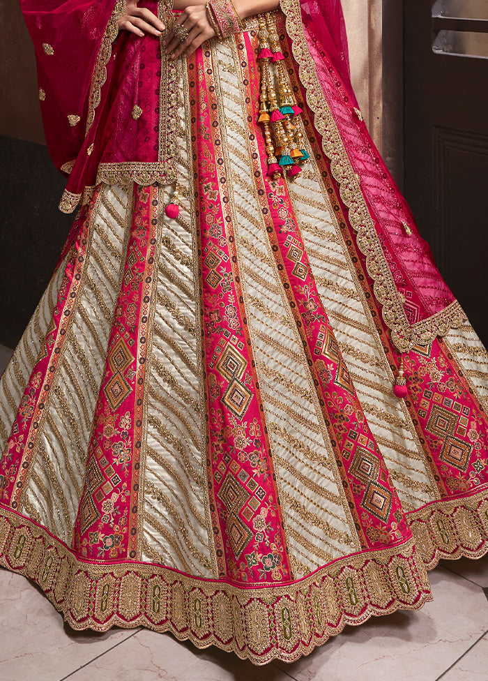 3 Pc White Silk Semi Stitched Lehenga Set