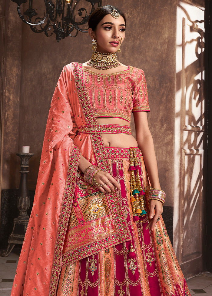 3 Pc Red Silk Semi Stitched Lehenga Set