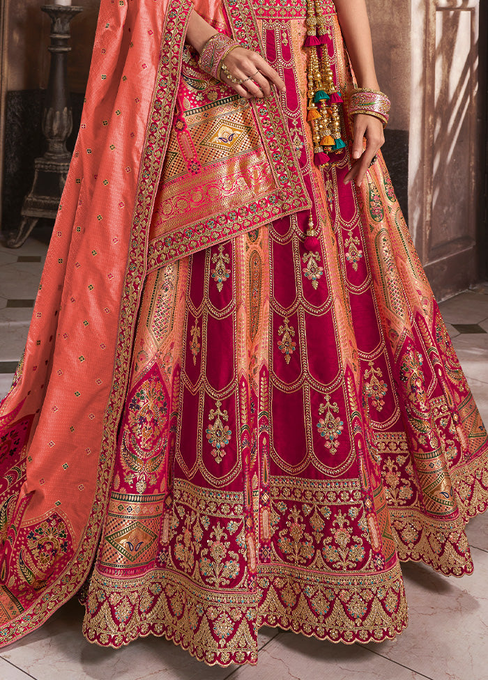 3 Pc Red Silk Semi Stitched Lehenga Set