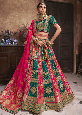 3 Pc Green Silk Semi Stitched Lehenga Set