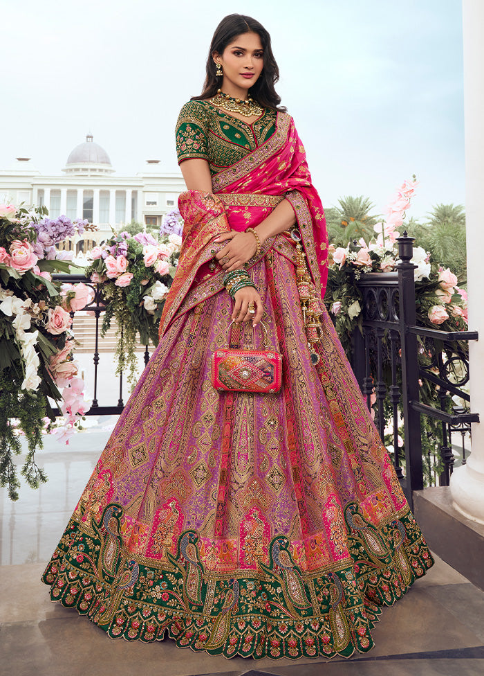 3 Pc Multicolor Silk Semi Stitched Lehenga Set