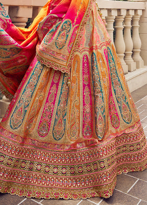 3 Pc Multicolor Silk Semi Stitched Lehenga Set