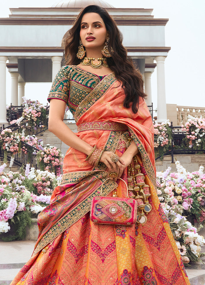 3 Pc Multicolor Silk Semi Stitched Lehenga Set