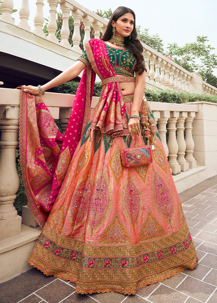 3 Pc Peach Silk Semi Stitched Lehenga Set