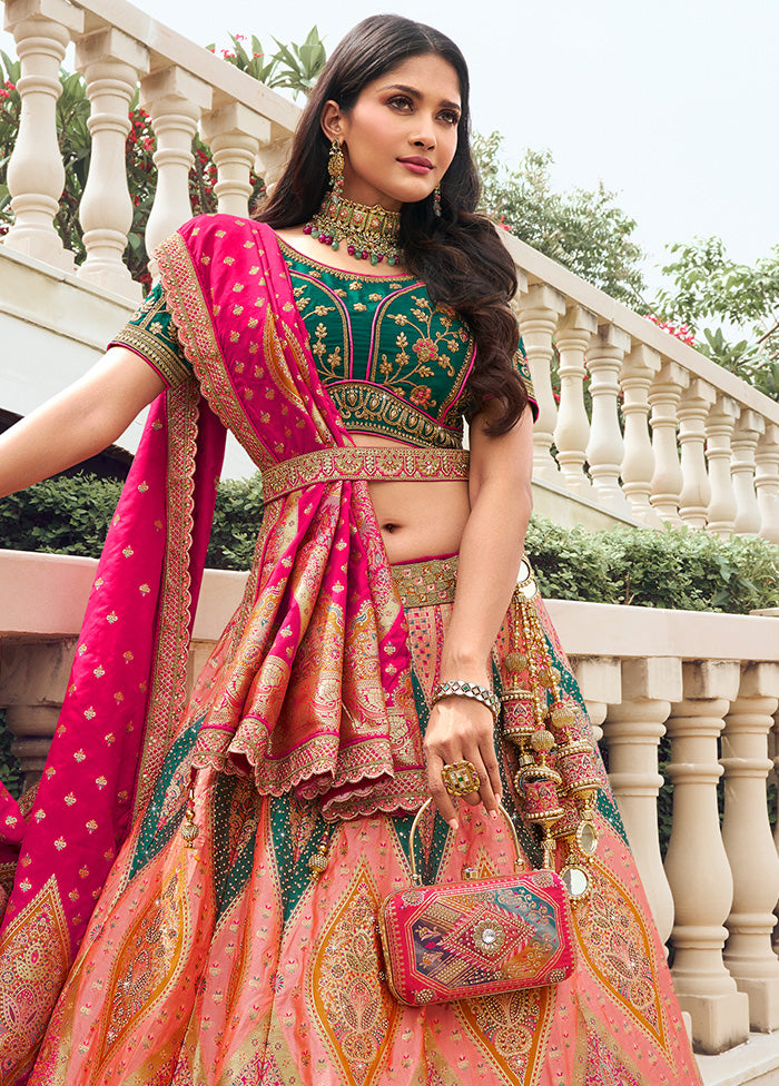 3 Pc Peach Silk Semi Stitched Lehenga Set