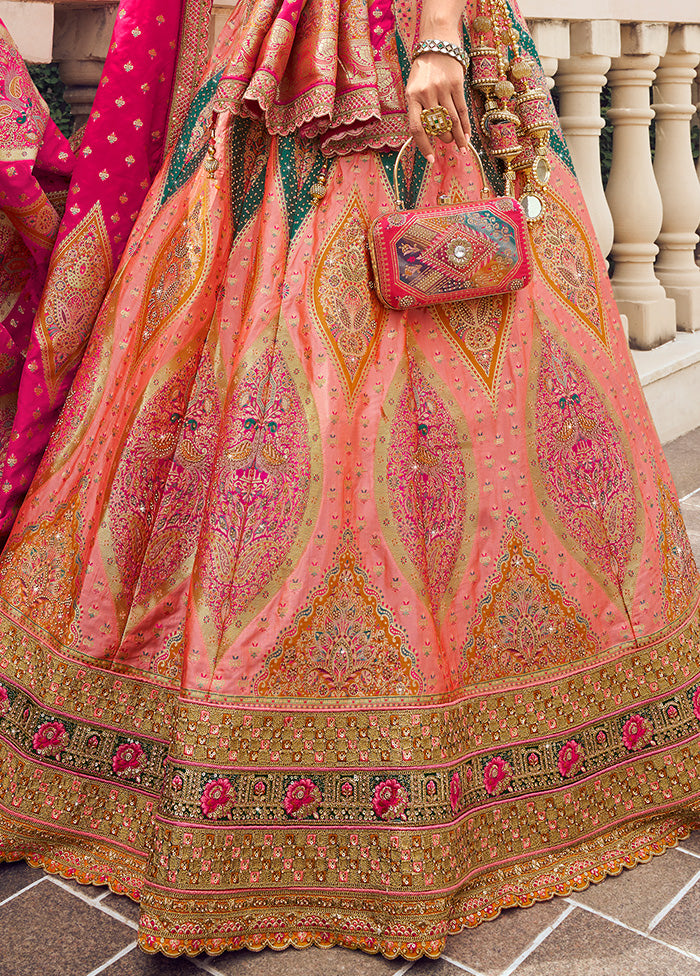 3 Pc Peach Silk Semi Stitched Lehenga Set