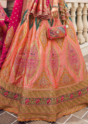 3 Pc Peach Silk Semi Stitched Lehenga Set