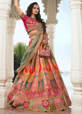 3 Pc Multicolor Silk Semi Stitched Lehenga Set