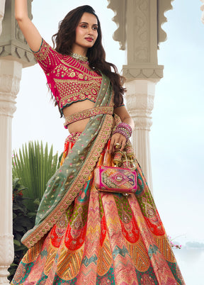 3 Pc Multicolor Silk Semi Stitched Lehenga Set