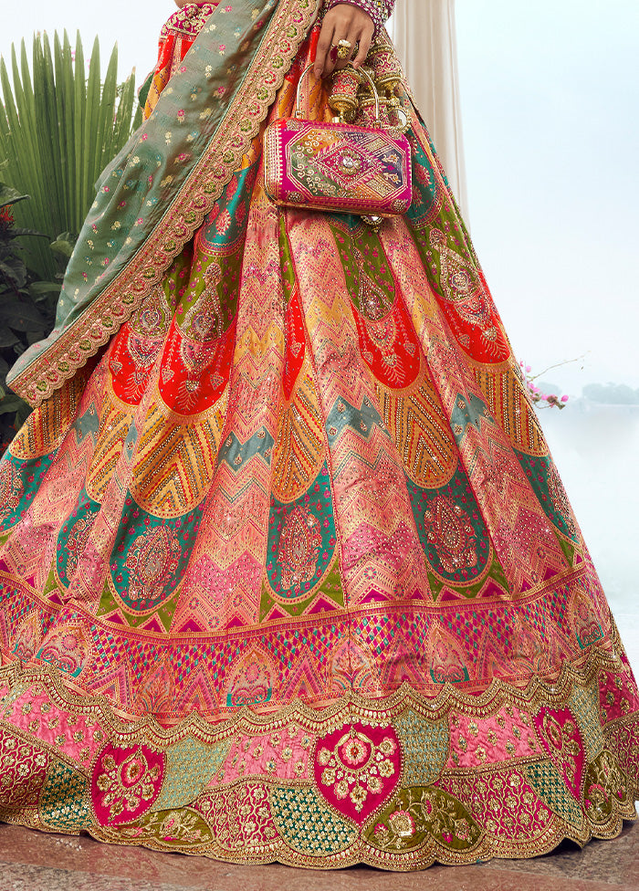 3 Pc Multicolor Silk Semi Stitched Lehenga Set