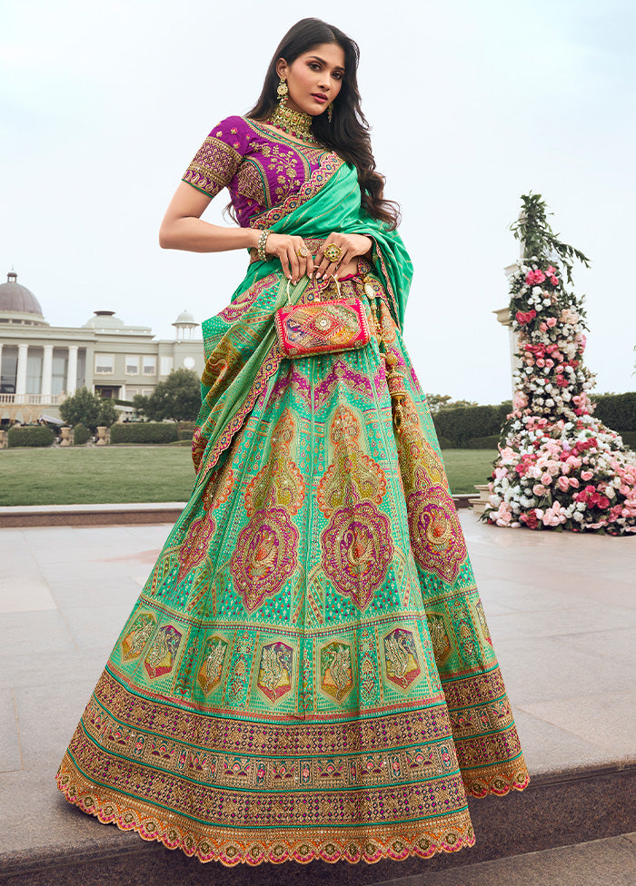 3 Pc Green Silk Semi Stitched Lehenga Set