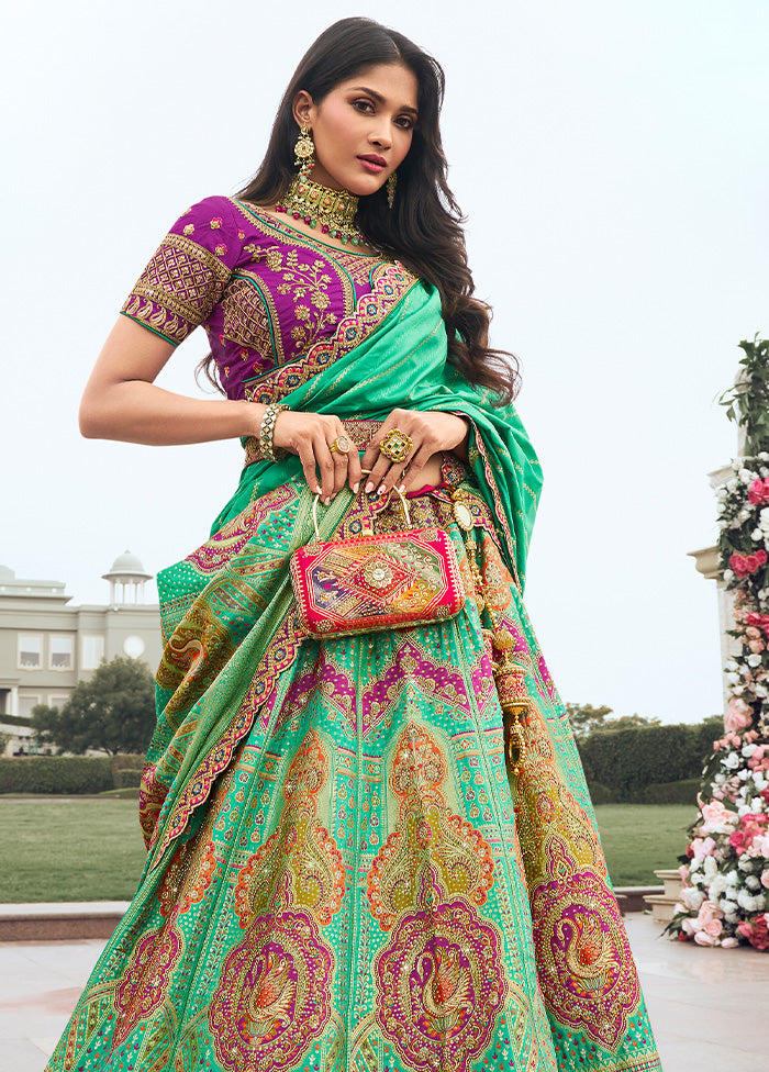 3 Pc Green Silk Semi Stitched Lehenga Set