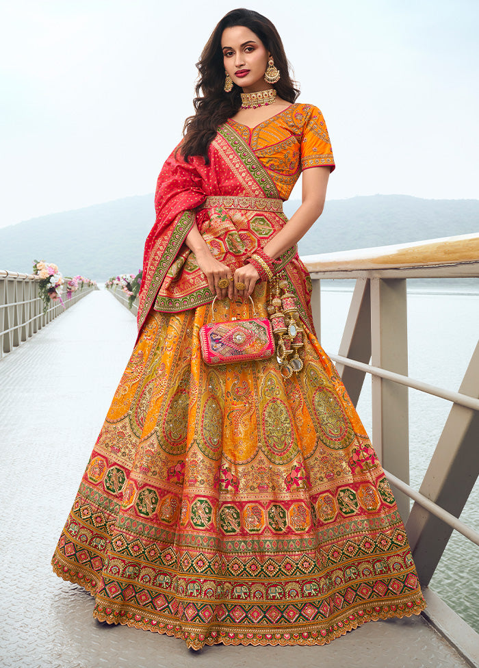 3 Pc Yellow Silk Semi Stitched Lehenga Set