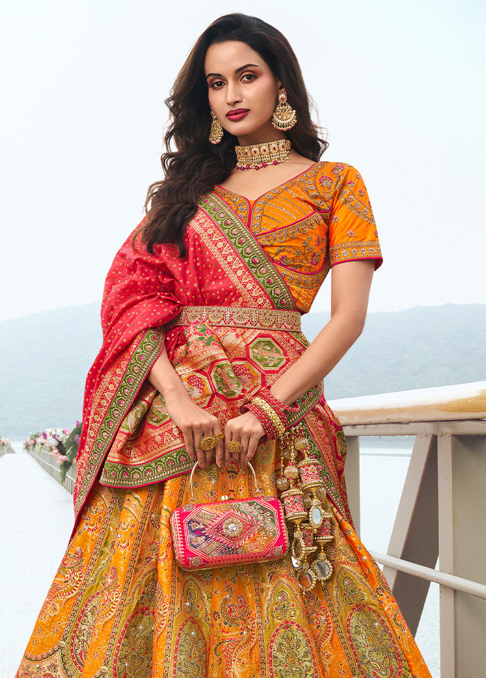 3 Pc Yellow Silk Semi Stitched Lehenga Set