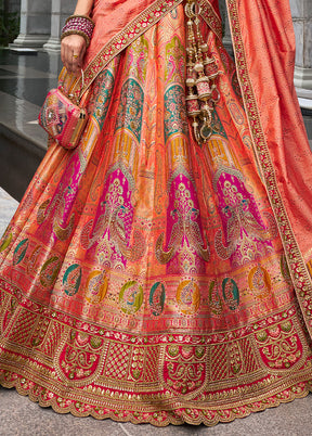 3 Pc Orange Silk Semi Stitched Lehenga Set