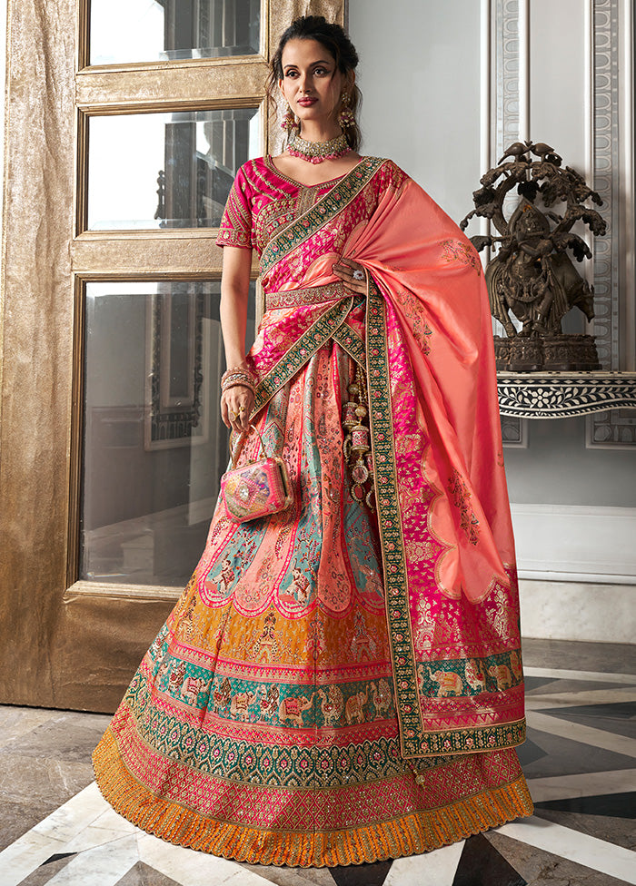 3 Pc Multicolor Silk Semi Stitched Lehenga Set