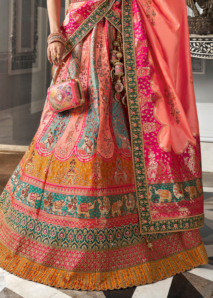 3 Pc Multicolor Silk Semi Stitched Lehenga Set