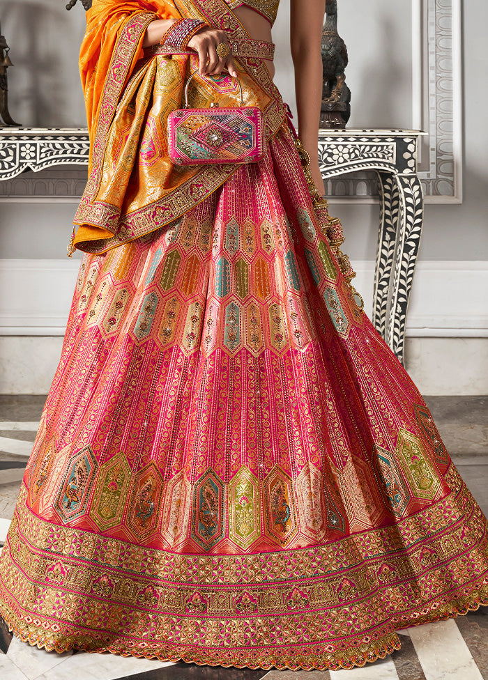 3 Pc Multicolor Silk Semi Stitched Lehenga Set