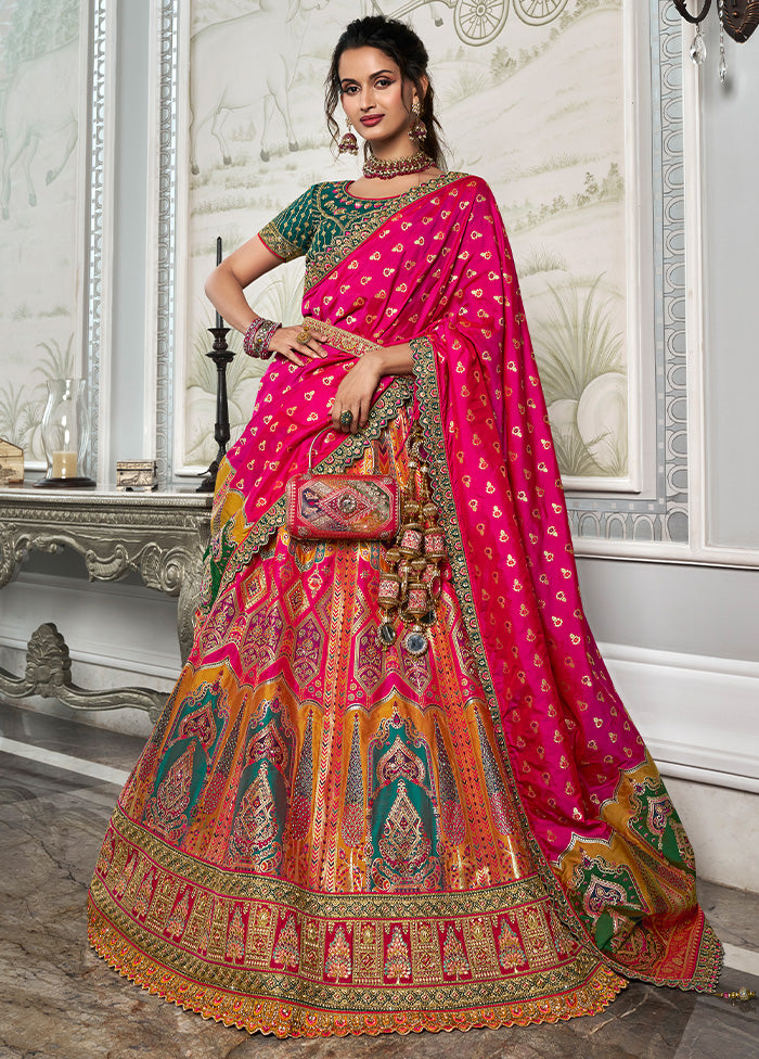 3 Pc Pink Silk Semi Stitched Lehenga Set