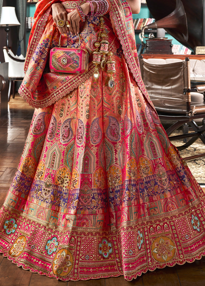 3 Pc Multicolor Silk Semi Stitched Lehenga Set