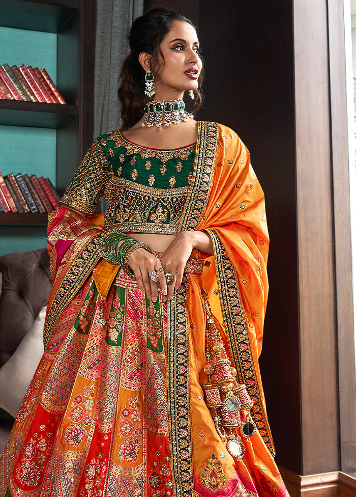 3 Pc Multicolor Silk Semi Stitched Lehenga Set