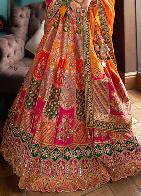 3 Pc Multicolor Silk Semi Stitched Lehenga Set