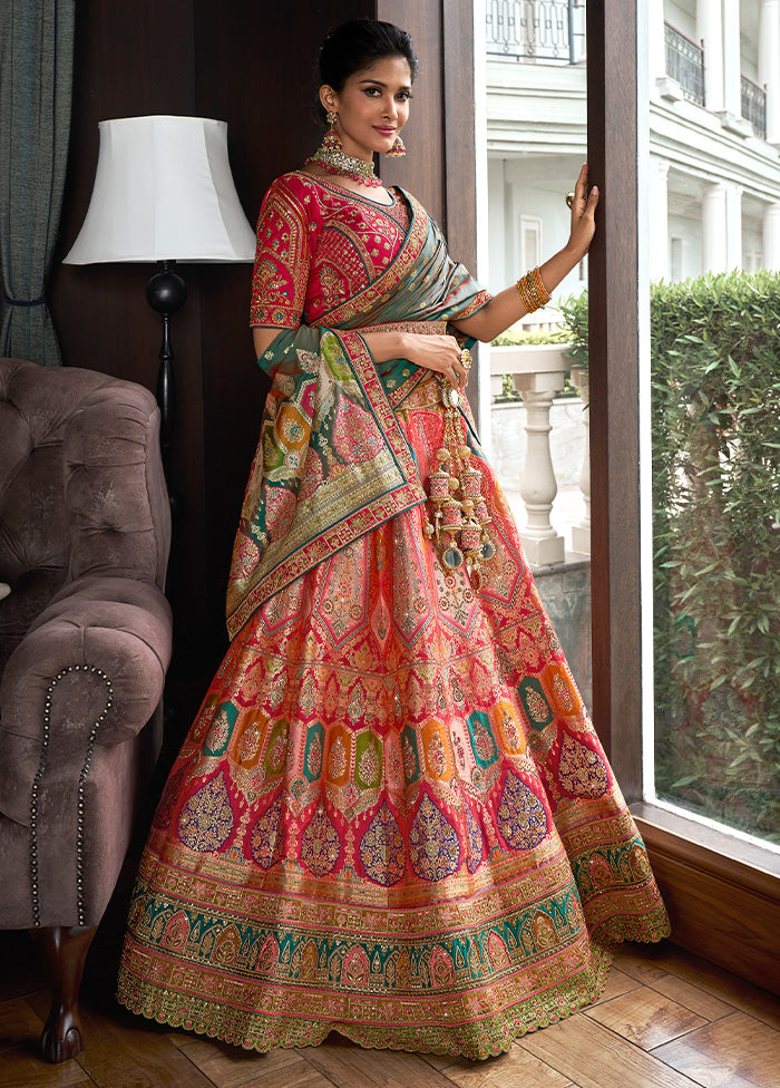 3 Pc Multicolor Silk Semi Stitched Lehenga Set