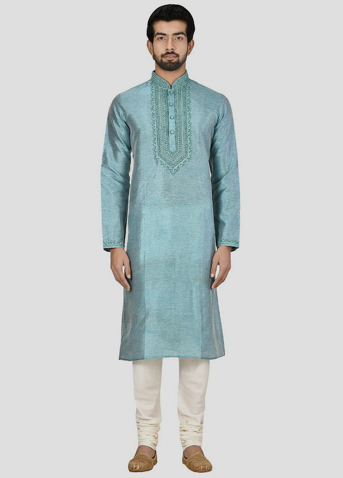 2 Pc Sky Blue Dupion Silk Kurta And Pajama Set VDIP280268 - Indian Silk House Agencies