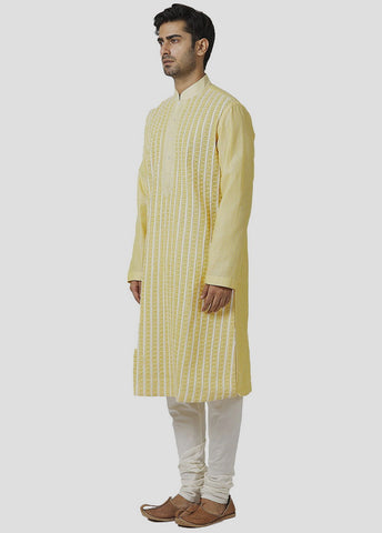 2 Pc Yellow Cotton Kurta And Pajama Set VDIP280317