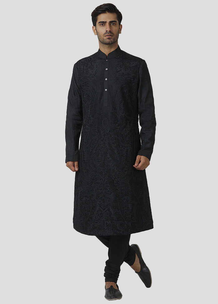 2 Pc Black Dupion Silk Kurta And Pajama Set VDIP280326 - Indian Silk House Agencies