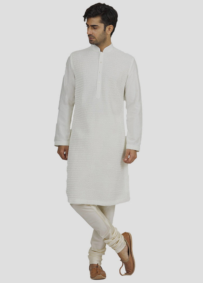 2 Pc White Dupion Silk Kurta And Pajama Set VDIP280328 - Indian Silk House Agencies