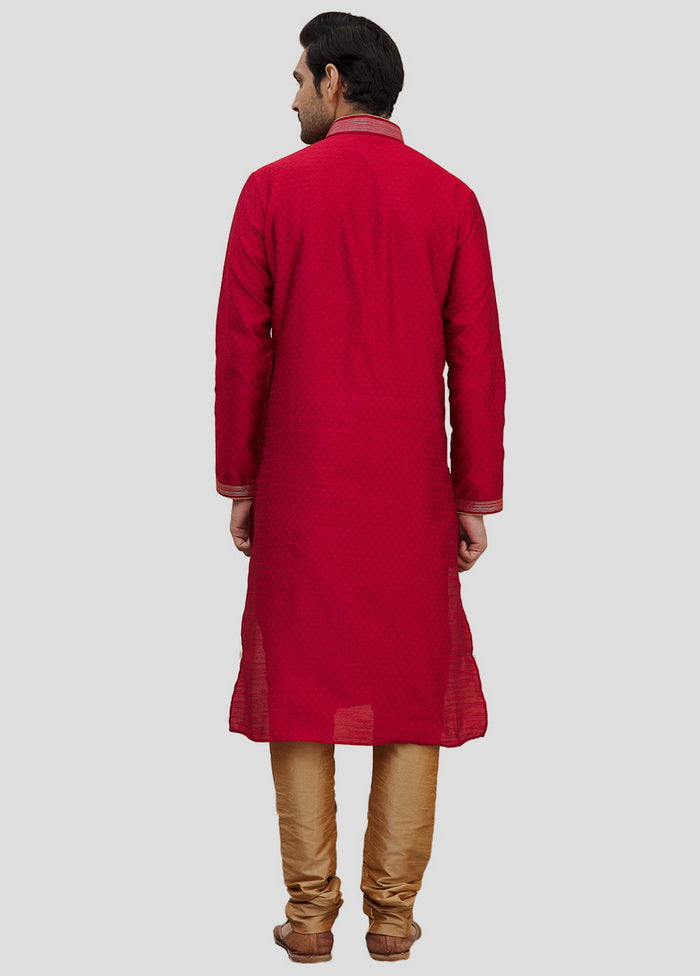 2 Pc Red Dupion Silk Kurta And Pajama Set VDIP280169