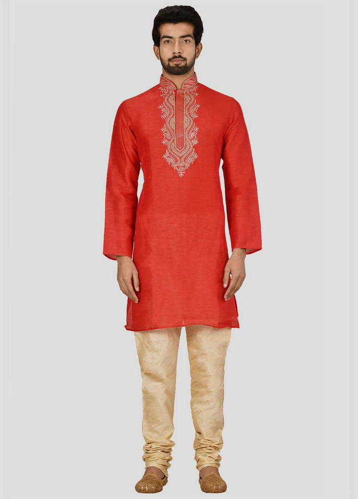 2 Pc Red Dupion Silk Kurta And Pajama Set VDIP280206 - Indian Silk House Agencies