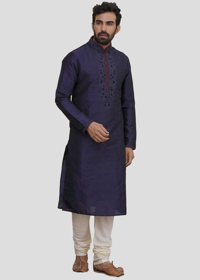 2 Pc Navy Blue Dupion Silk Kurta And Pajama Set VDIP280215 - Indian Silk House Agencies
