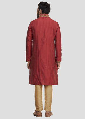 2 Pc Red Dupion Silk Kurta And Pajama Set VDIP280249 - Indian Silk House Agencies