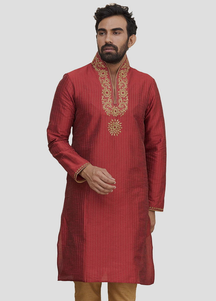 2 Pc Red Dupion Silk Kurta And Pajama Set VDIP280249 - Indian Silk House Agencies