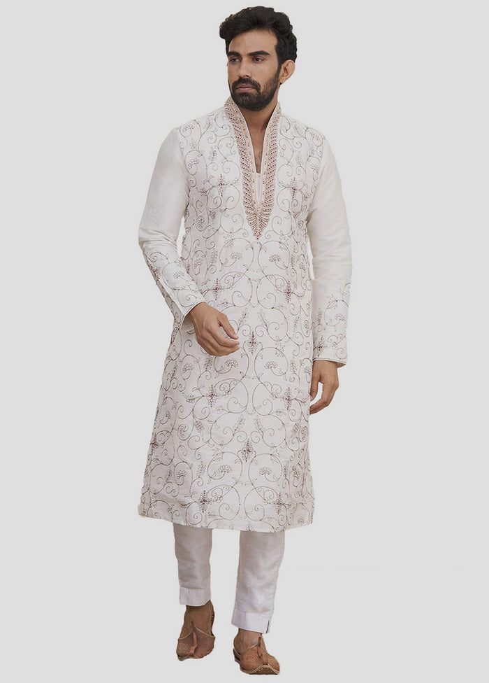 2 Pc Off white Dupion Silk Kurta And Pajama Set VDIP280260 - Indian Silk House Agencies
