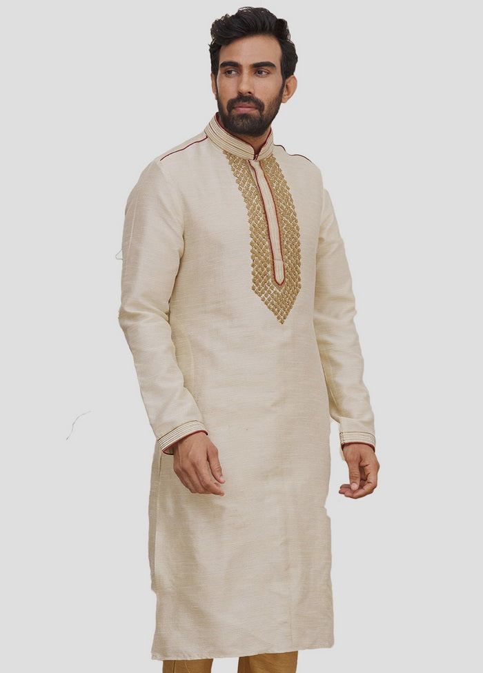 2 Pc Beige Dupion Silk Kurta And Pajama Set VDIP280250 - Indian Silk House Agencies