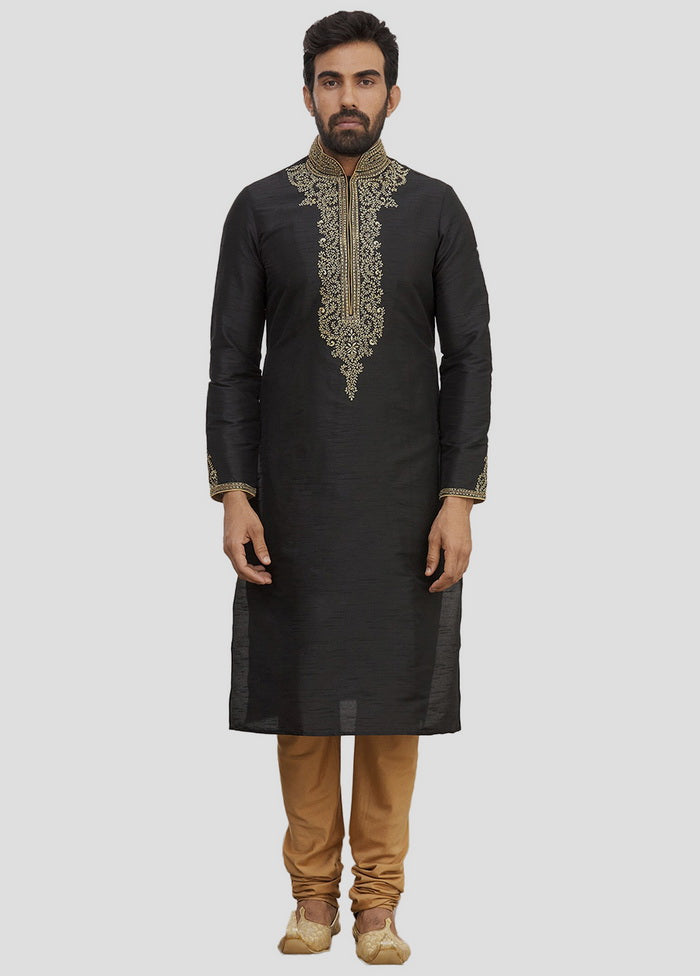 2 Pc Black Dupion Silk Kurta And Pajama Set VDIP280199 - Indian Silk House Agencies
