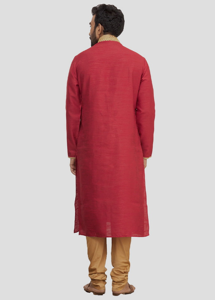 2 Pc Red Dupion Silk Kurta And Pajama Set VDIP280201