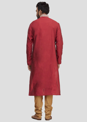 2 Pc Red Dupion Silk Kurta And Pajama Set VDIP280185 - Indian Silk House Agencies