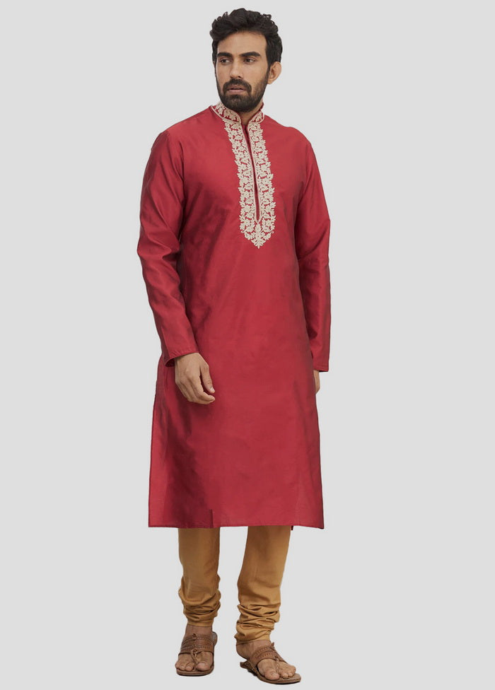 2 Pc Red Dupion Silk Kurta And Pajama Set VDIP280185 - Indian Silk House Agencies