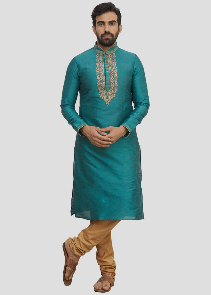 2 Pc Teal Dupion Silk Kurta And Pajama Set VDIP280190 - Indian Silk House Agencies