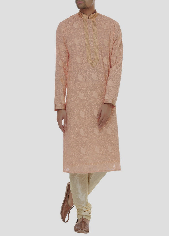 2 Pc Peach Dupion Silk Kurta And Pajama Set VDIP280302 - Indian Silk House Agencies